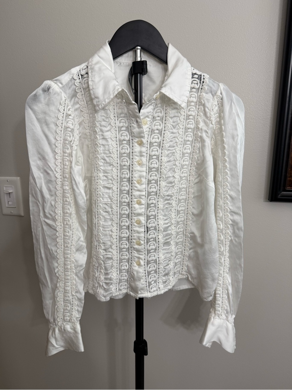 Anthropologie Ivory Lace-Panel Button Blouse